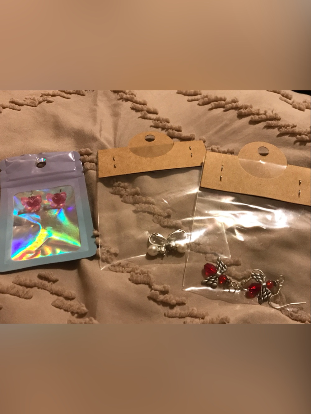 Pink Butterfly Stud Earrings & Red Beaded Angel & Clip-on Pearl Earrings